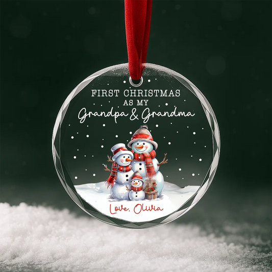 First Christmas as My Grandpa Grandma Snowman Family Custom Glass Ornament