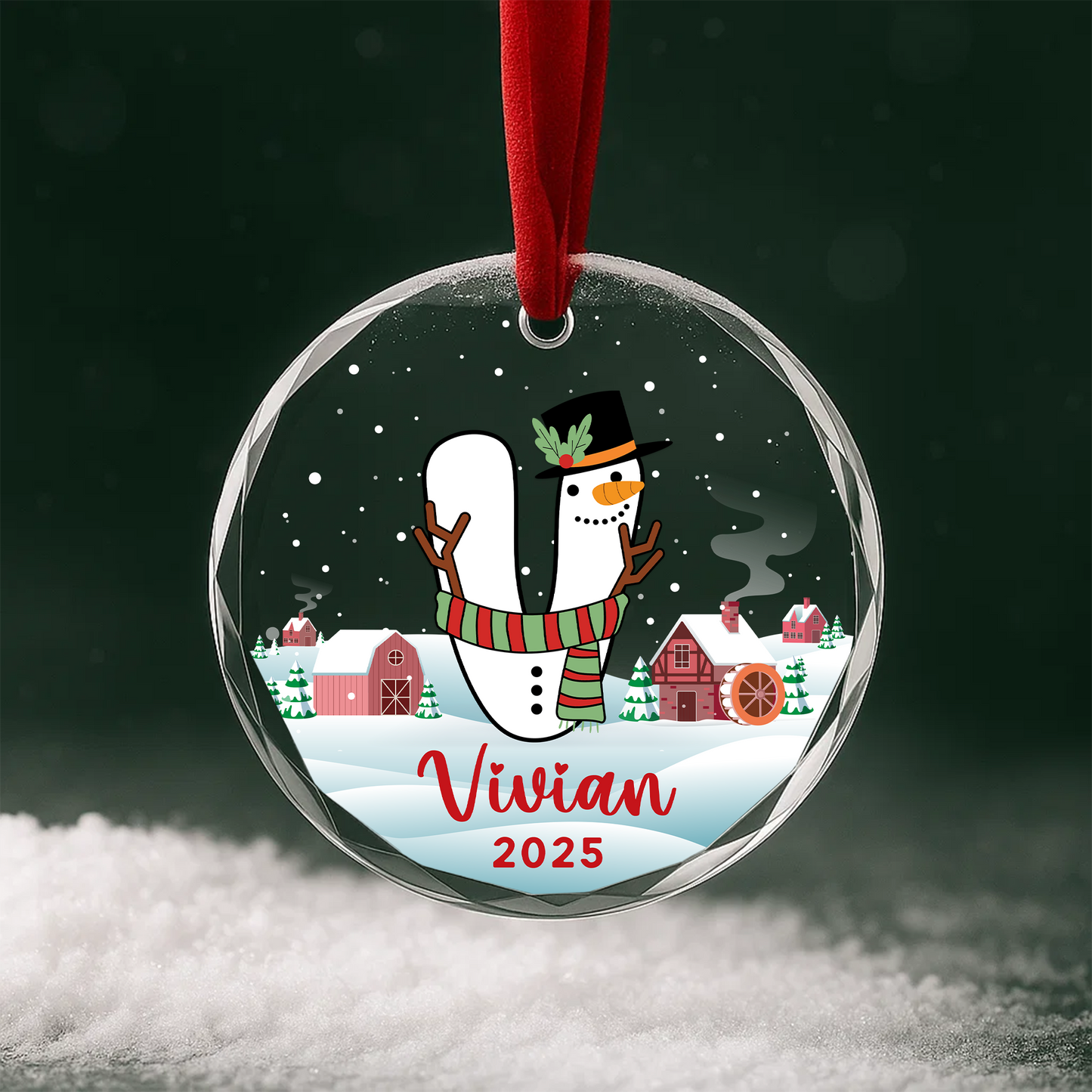 Monogram Letter Name Snowman Custom Glass Ornament