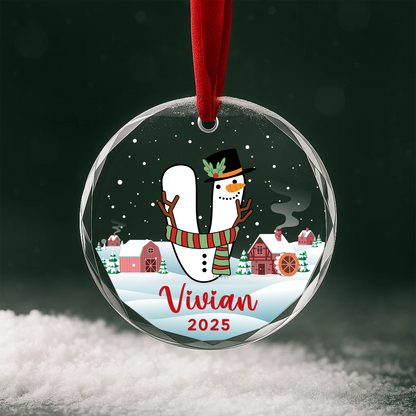 Monogram Letter Name Snowman Custom Glass Ornament
