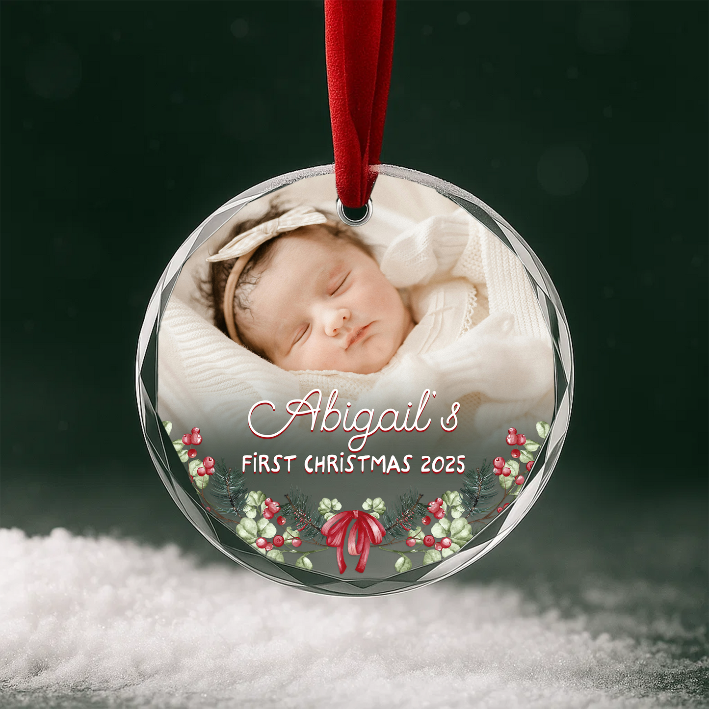 Baby’s First Christmas Photo with Floral Border Custom Glass Ornament