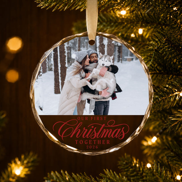 Personalized First Christmas Together Glass Ornament – Custom Couple and Dog Photo, Year 2026, Pet Parents Christmas Keepsake Gift