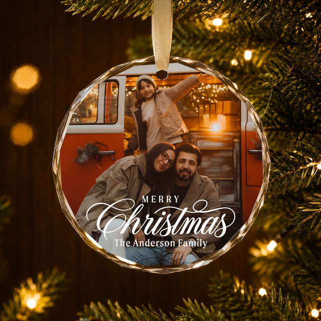 Personalized Family Christmas Glass Ornament – Custom Family Photo and Last Name, Merry Christmas Keepsake, Holiday Gift for Parents