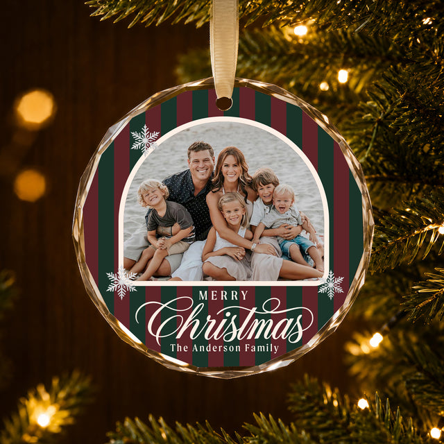 Personalized Christmas Glass Ornament – Custom Family Photo and Last Name, Vintage Scalloped Frame with Snowflakes, Holiday Family Keepsake Gift