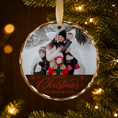 Personalized Merry Christmas Glass Ornament – Custom Family Photo and Last Name, Family of Five Holiday Keepsake Gift