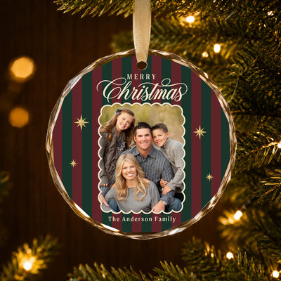 Personalized Merry Christmas Glass Ornament – Custom Family Photo and Last Name, Vintage Red and Green Striped Christmas Keepsake Gift