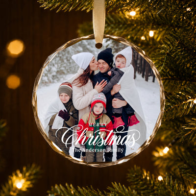 Personalized Family Christmas Glass Ornament – Custom Family Photo and Name, Merry Christmas Family of Five Keepsake Gift