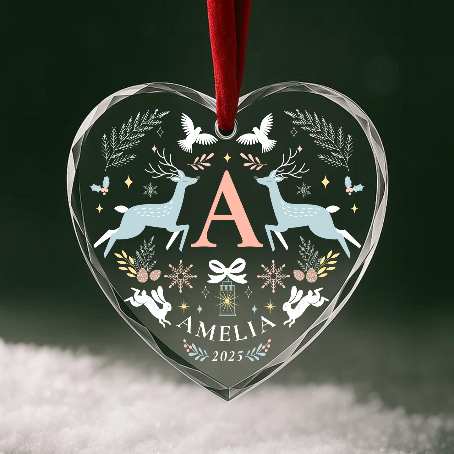 Custom Name Initial Ornament, Reindeer Floral Heart Design