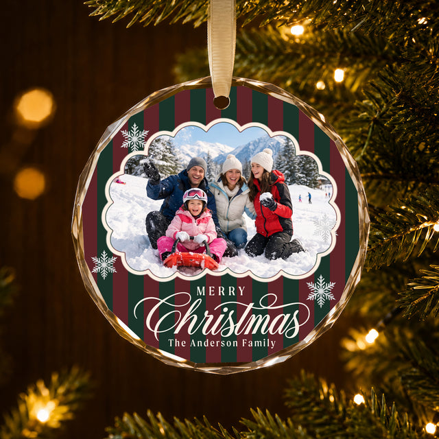 Personalized Merry Christmas Glass Ornament – Custom Snow Day Family Photo and Last Name, Vintage Striped Winter Memories Keepsake Gift