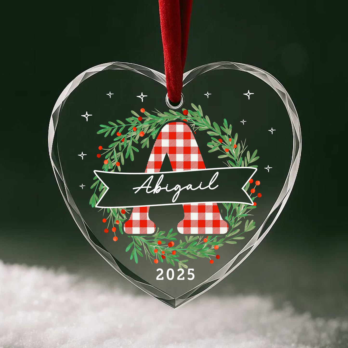 Gingham Letter Wreath with Name Custom Glass Ornament