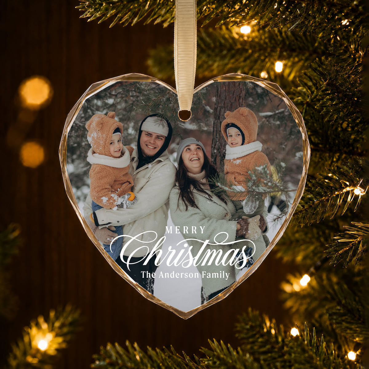 Personalized Merry Christmas Heart Glass Ornament – Custom Winter Family Photo and Last Name, Christmas Memories Keepsake Gift