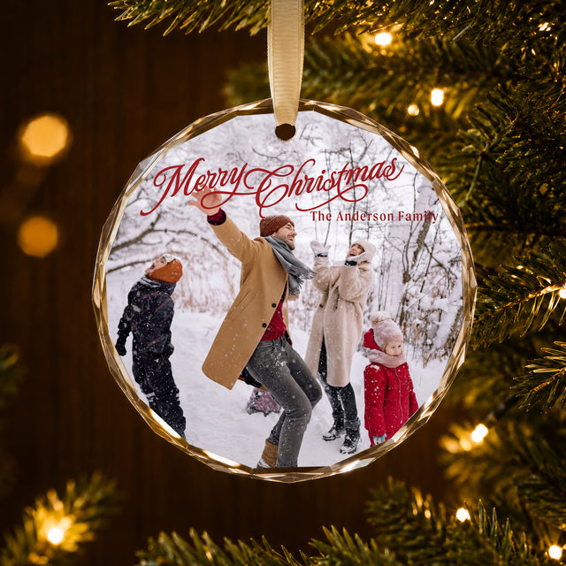 Personalized Merry Christmas Glass Ornament – Custom Snow Day Family Photo and Last Name, Winter Memories Keepsake Gift