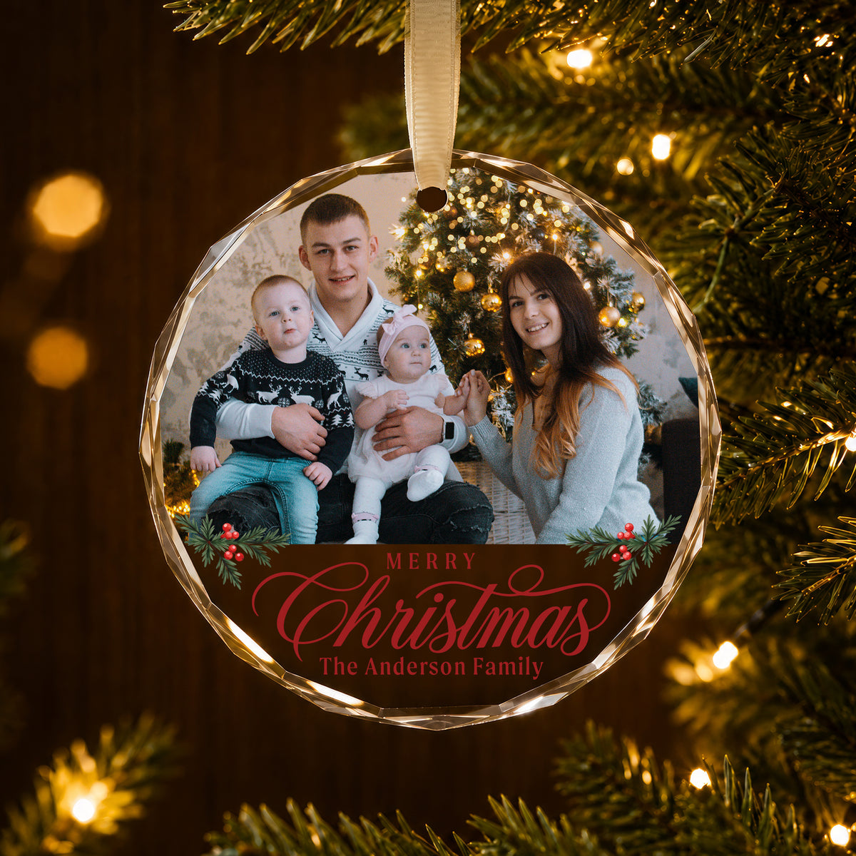 Personalized Family Christmas Glass Ornament – Custom Family Photo and Last Name, Merry Christmas Family of Four Keepsake Gift