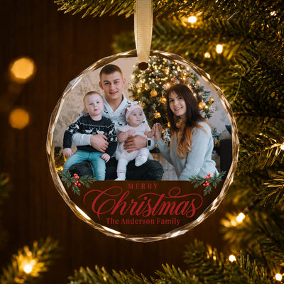 Personalized Family Christmas Glass Ornament – Custom Family Photo and Last Name, Merry Christmas Family of Four Keepsake Gift