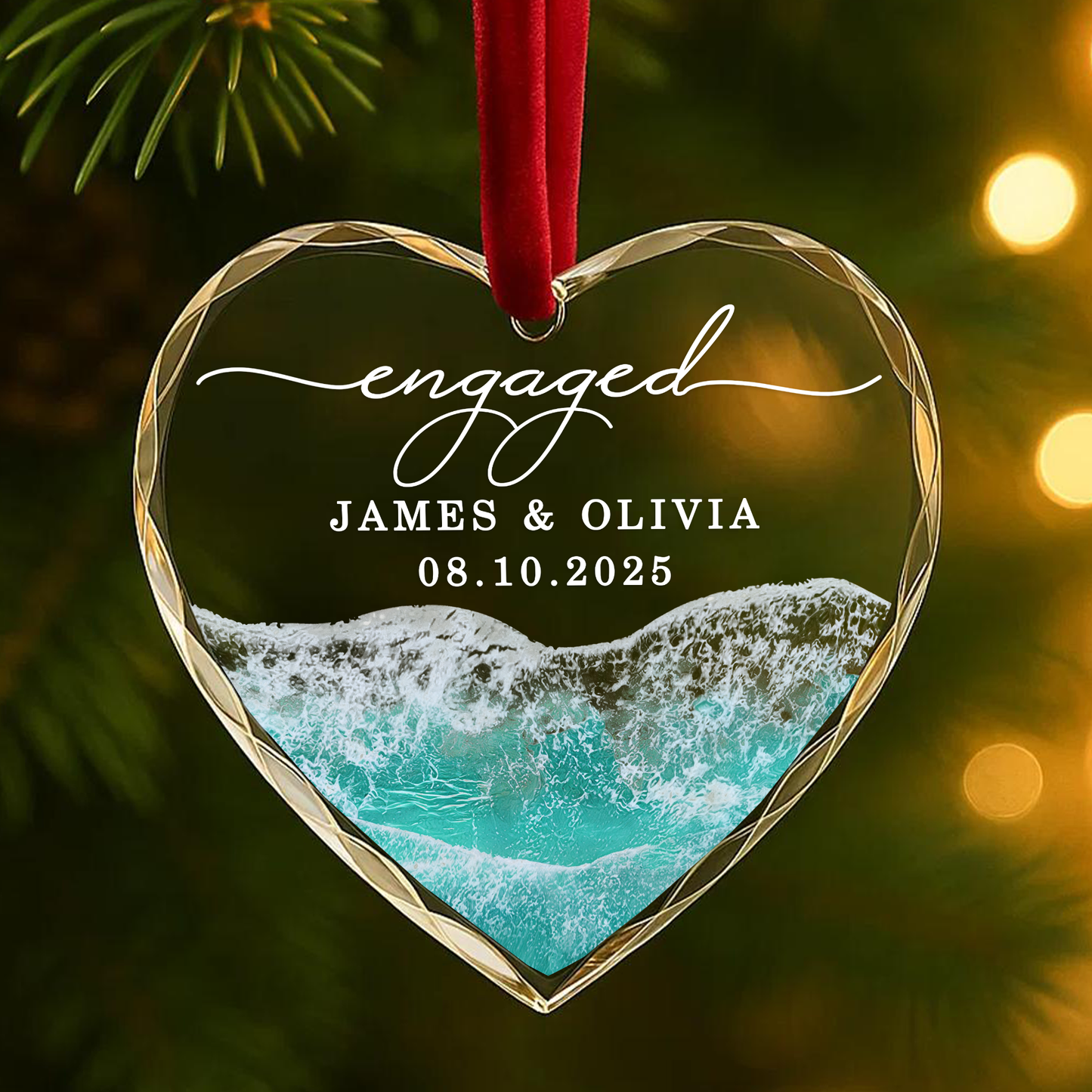 Engaged 2025 Ocean Wave Heart Ornament, Engagement Keepsake