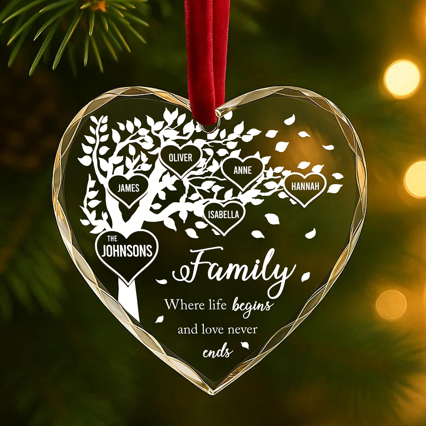 Family Tree Personalized Heart Ornament Where Life Begins and Love Never Ends