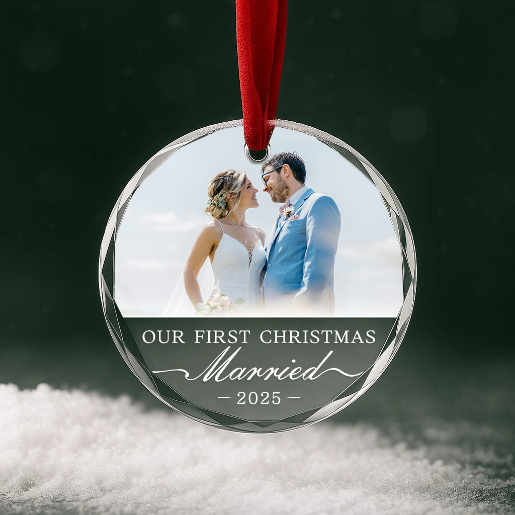 Our First Christmas Married, Custom Glass Ornament With Couple Photo