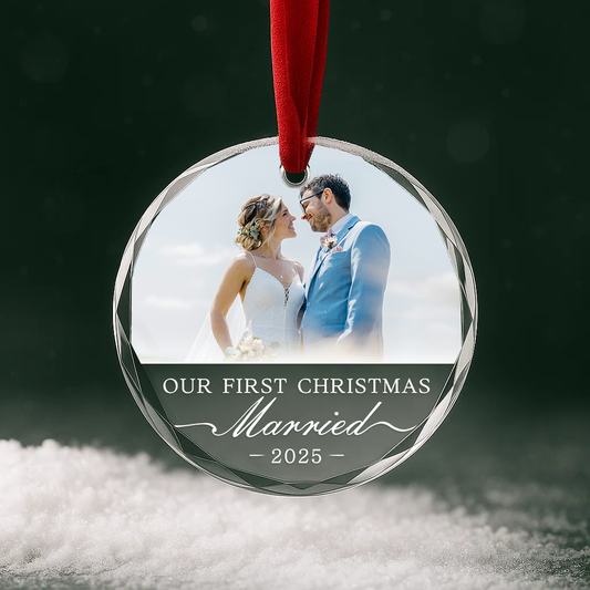Our First Christmas Married, Custom Glass Ornament With Couple Photo