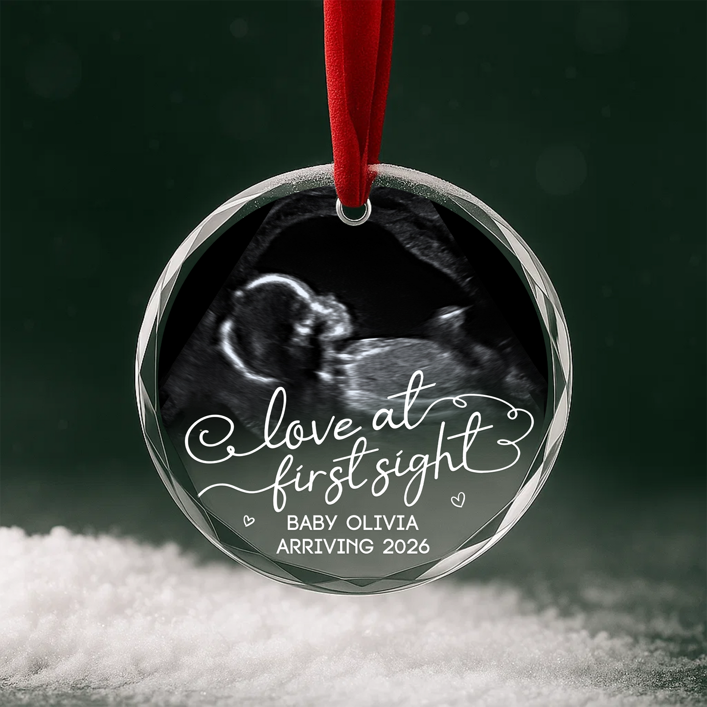Love at First Sight Ultrasound Baby Announcement Custom Glass Ornament