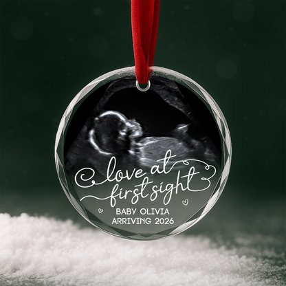 Love at First Sight Ultrasound Baby Announcement Custom Glass Ornament