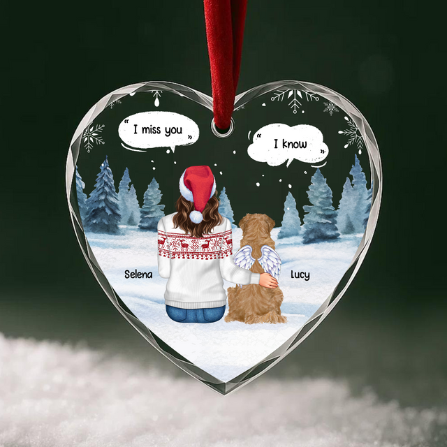 Personalized I Miss You Heart Glass Ornament – Custom Girl and Dog Names, Angel Wings Pet Memorial, Christmas Remembrance Keepsake Gift
