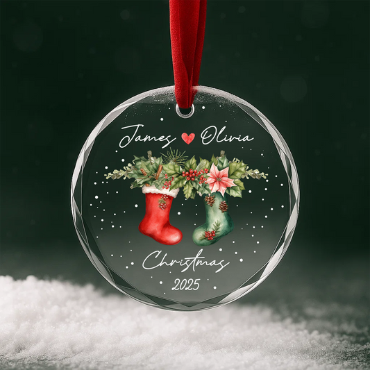 Couple Christmas Ornament with Matching Stockings, Custom Names & Year