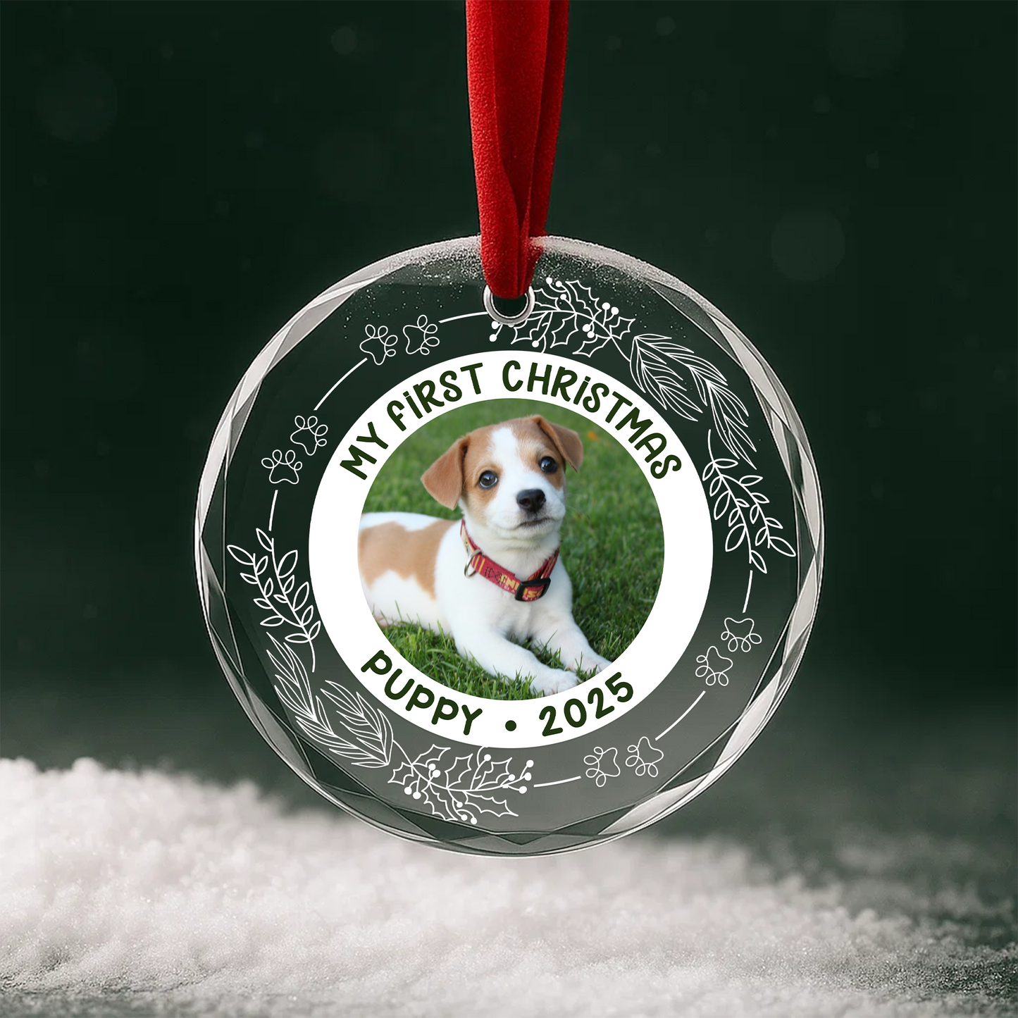 My First Christmas Puppy Photo Custom Glass Ornament