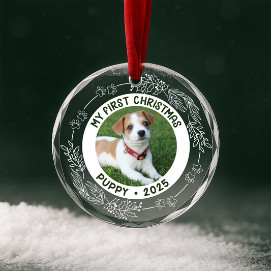 My First Christmas Puppy Photo Custom Glass Ornament