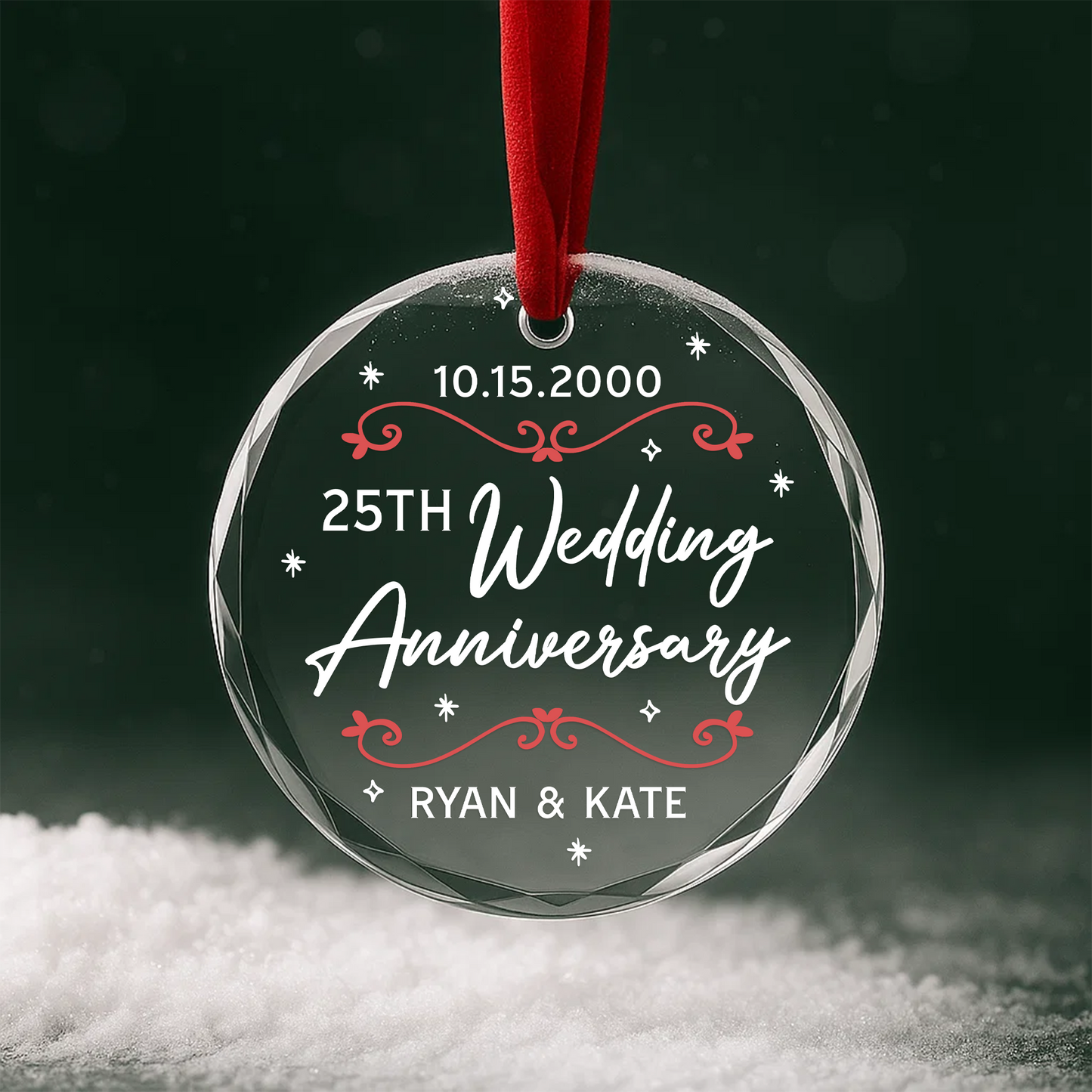 25th Wedding Anniversary Red Flourish Custom Glass Ornament