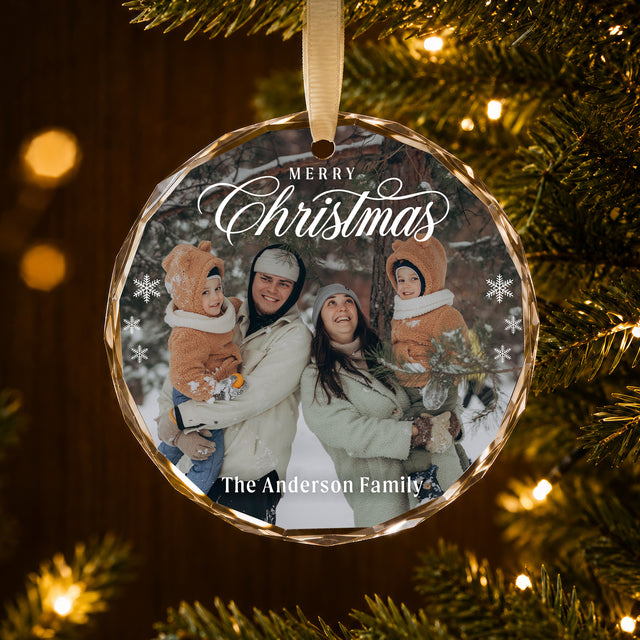 Personalized Snowy Family Photo Glass Ornament – Custom Christmas Picture and Family Name, Winter Holiday Keepsake Gift