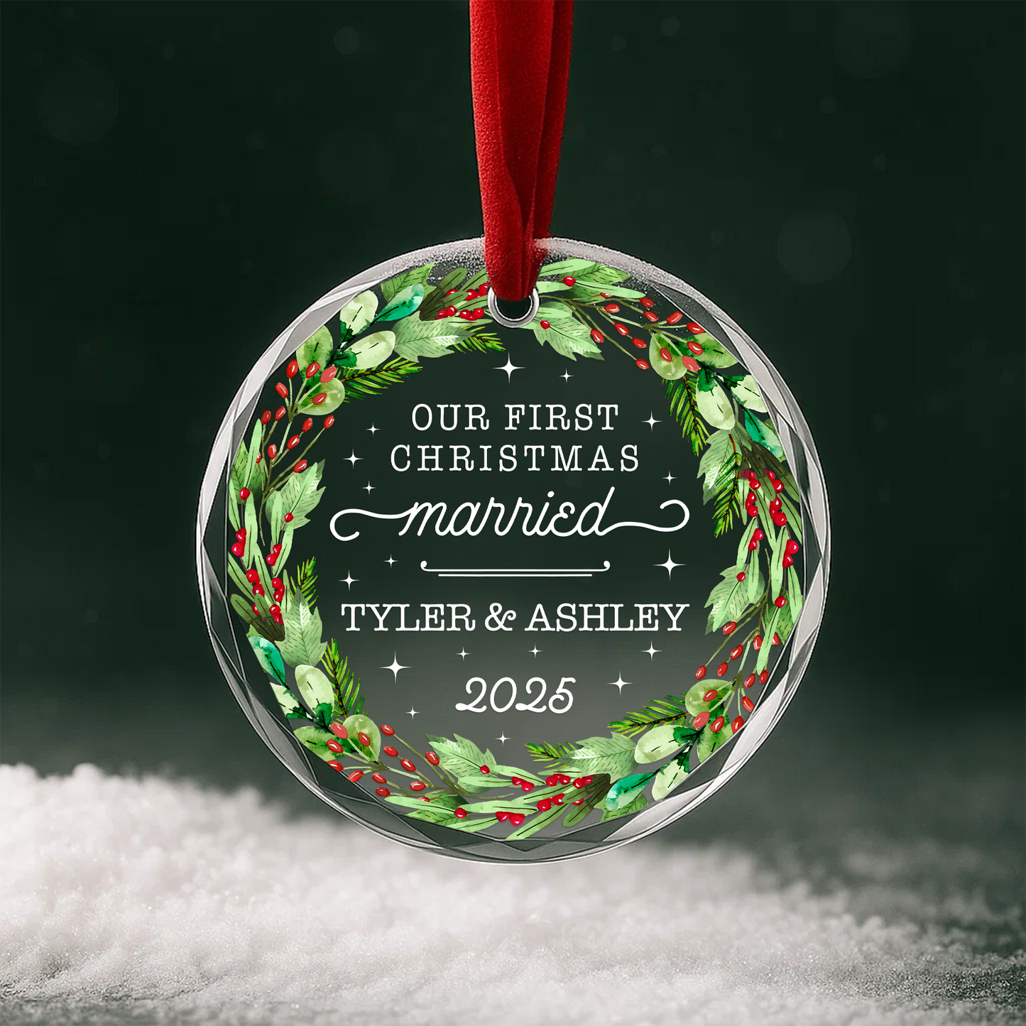 Our First Christmas Married Wreath Custom Glass Ornament