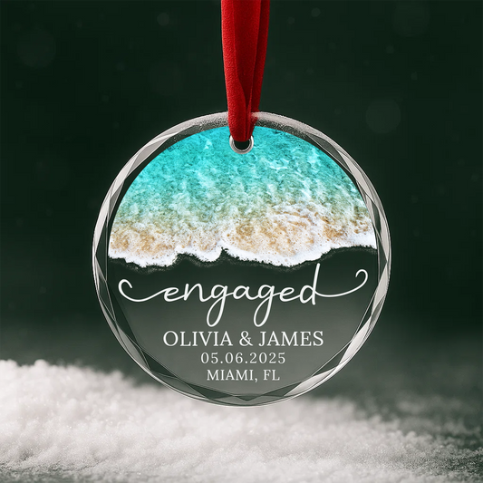 Engaged on the Beach Ornament, Ocean Shoreline Design, Custom Names & Date