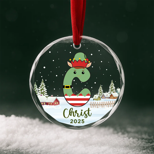 Monogram Letter Name Elf Custom Glass Ornament