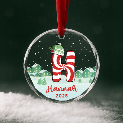 Monogram Letter Name Candy Cane Custom Glass Ornament