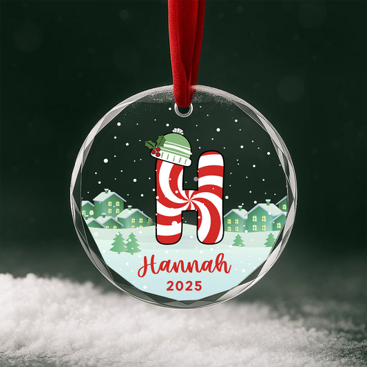 Monogram Letter Name Candy Cane Custom Glass Ornament