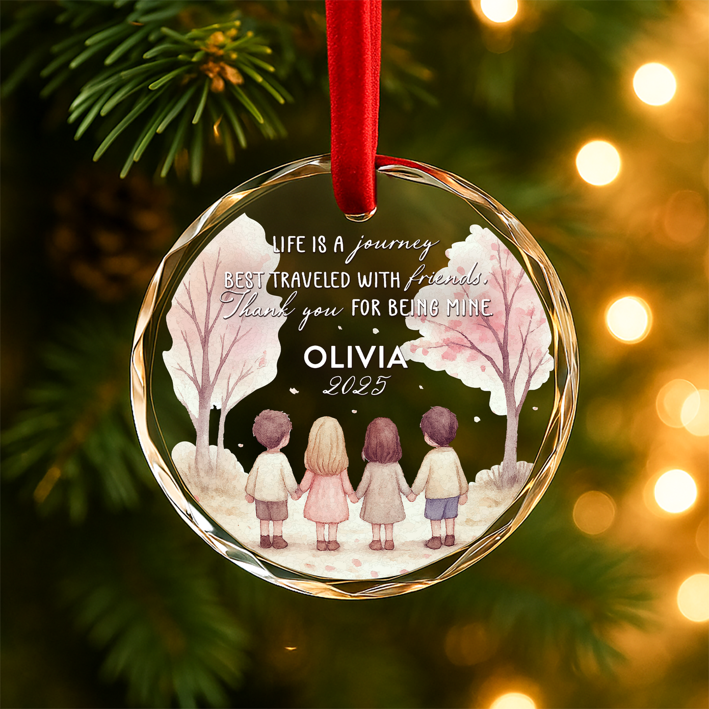 Life Is a Journey Best Traveled with Friends, Watercolor Tree Scene Ornament