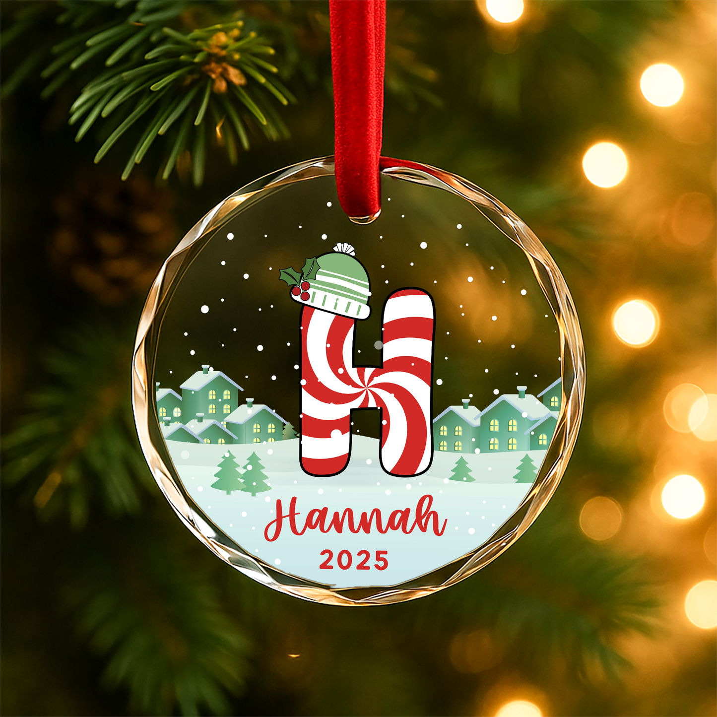 Monogram Letter Name Candy Cane Custom Glass Ornament
