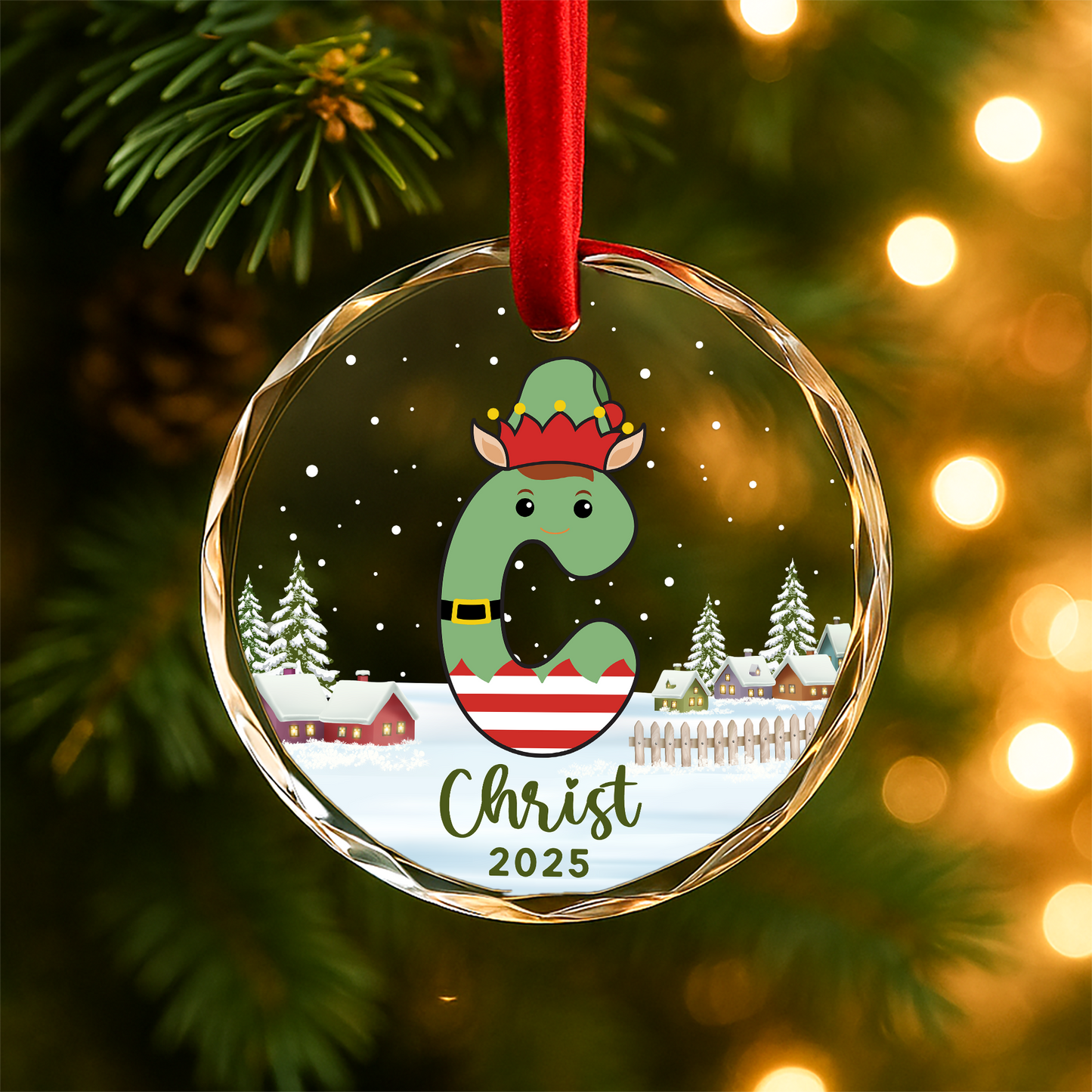 Monogram Letter Name Elf Custom Glass Ornament