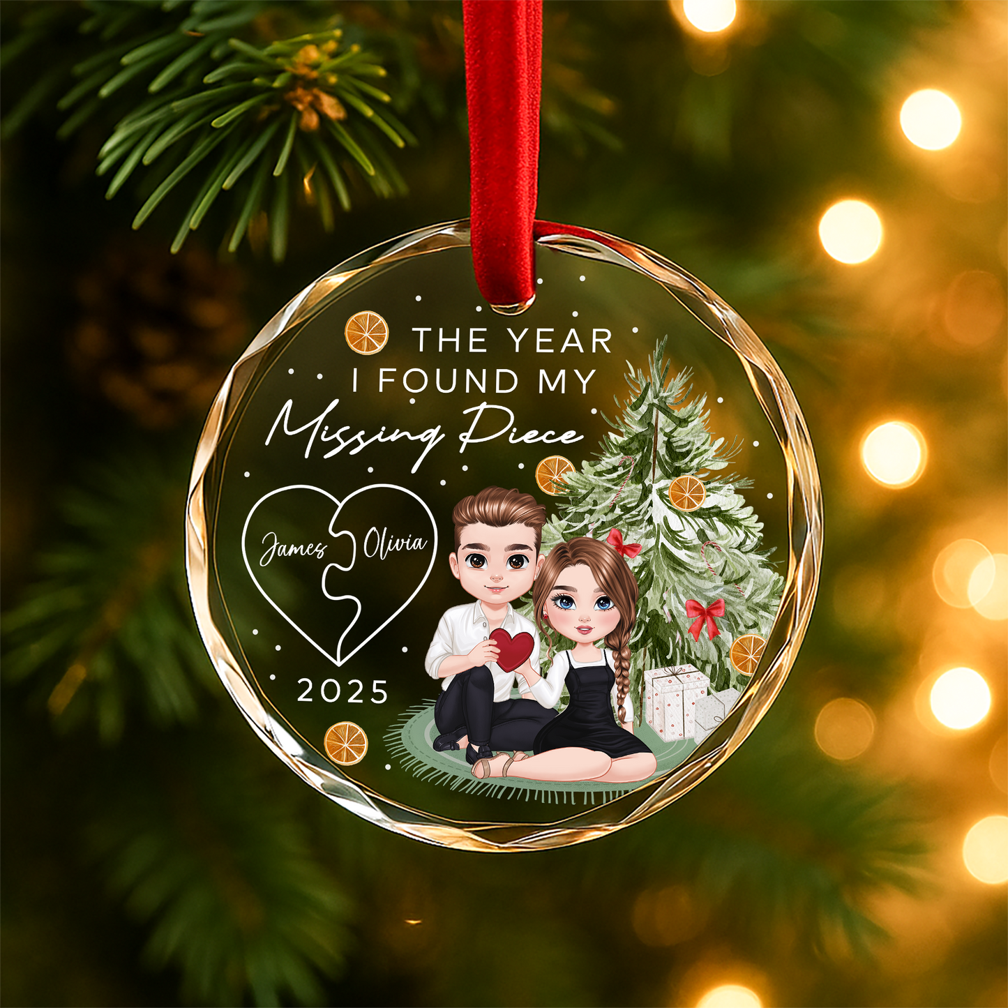 The Year I Found My Missing Piece Couple Christmas Tree Custom Glass Ornament