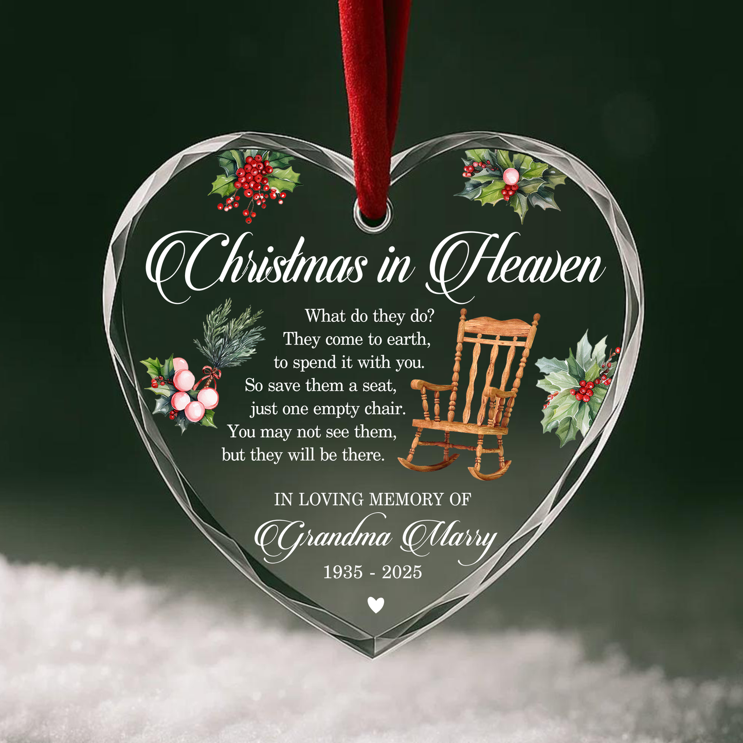 Christmas in Heaven with Rocking Chair Memorial Custom Glass Ornament