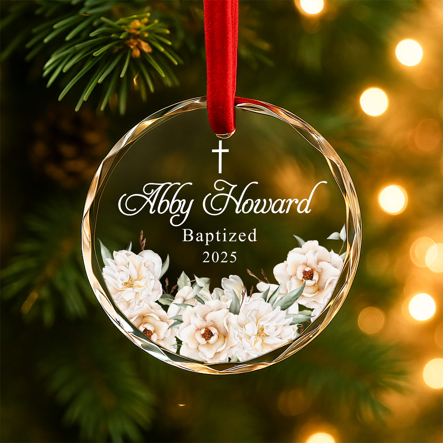 Baptism White Flowers Cross Custom Glass Ornament