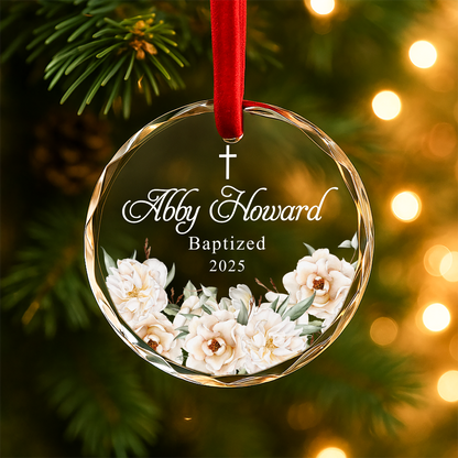 Baptism White Flowers Cross Custom Glass Ornament