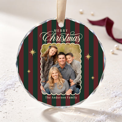 Personalized Merry Christmas Glass Ornament – Custom Family Photo and Last Name, Vintage Red and Green Striped Christmas Keepsake Gift