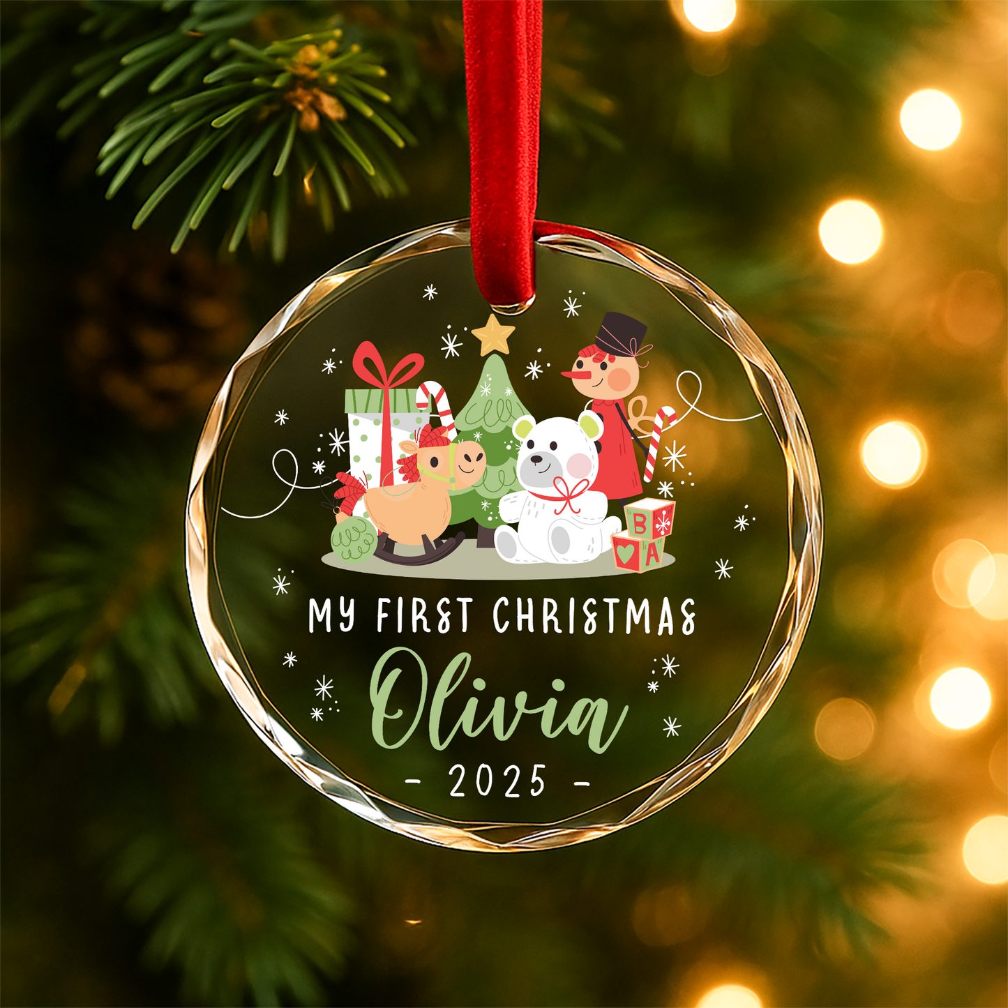 My First Christmas Toys and Tree Custom Glass Ornament