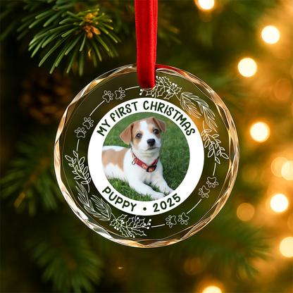 My First Christmas Puppy Photo Custom Glass Ornament