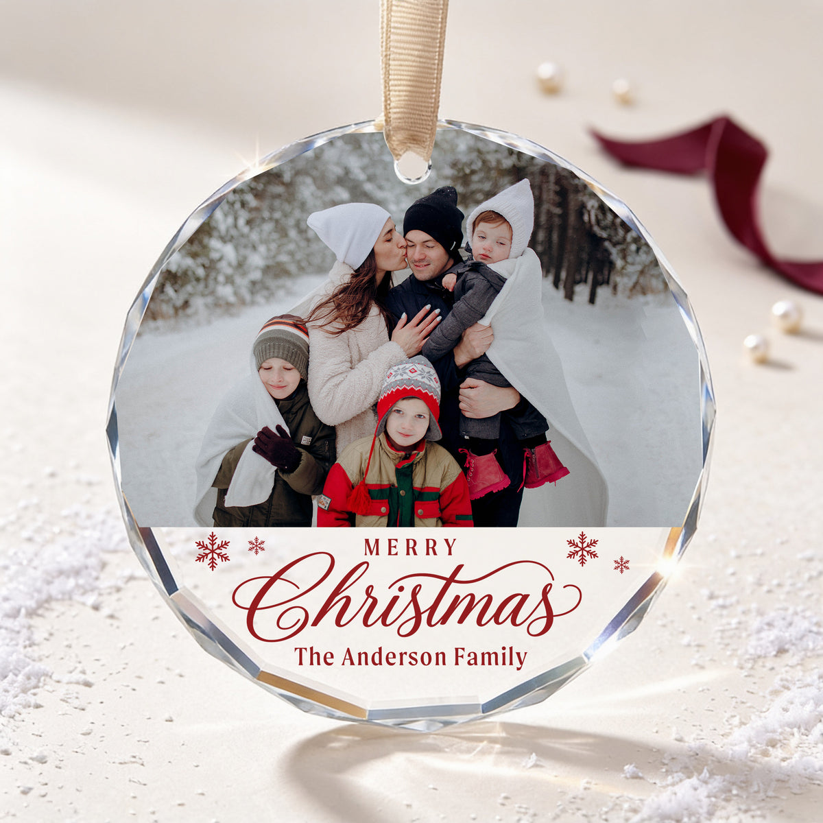 Personalized Merry Christmas Glass Ornament – Custom Family Photo and Last Name, Family of Five Holiday Keepsake Gift