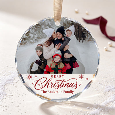 Personalized Merry Christmas Glass Ornament – Custom Family Photo and Last Name, Family of Five Holiday Keepsake Gift