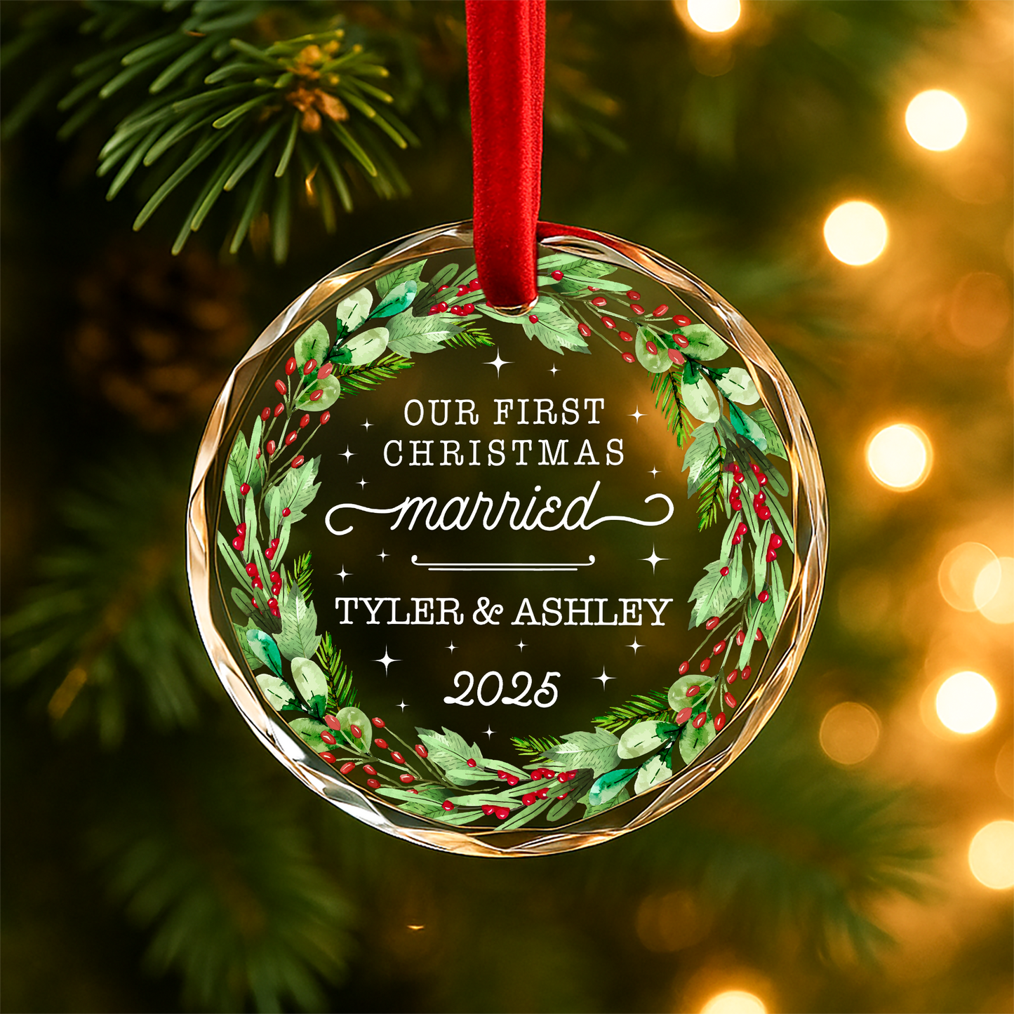 Our First Christmas Married Wreath Custom Glass Ornament