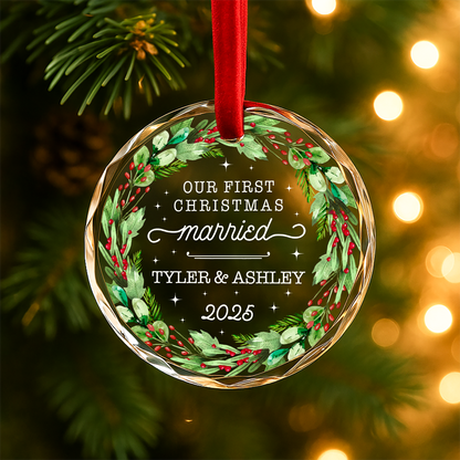 Our First Christmas Married Wreath Custom Glass Ornament