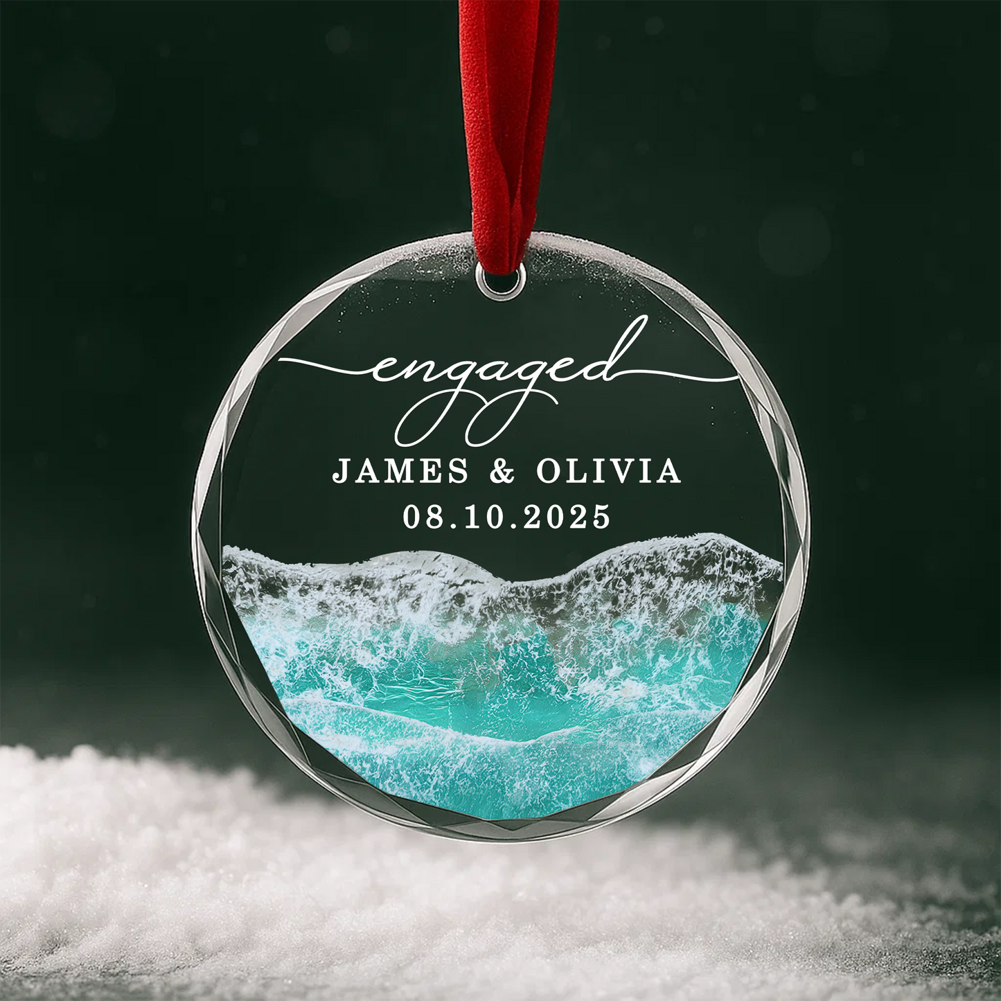 Engaged 2025 Ocean Wave Heart Ornament, Engagement Keepsake