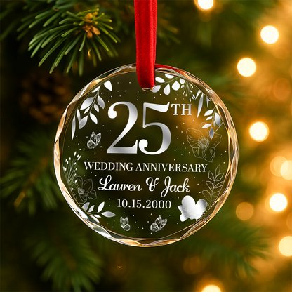 25th Wedding Anniversary Silver Floral Custom Glass Ornament